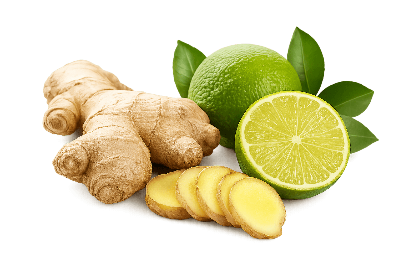 Fresh ginger root and whole lime with sliced lime